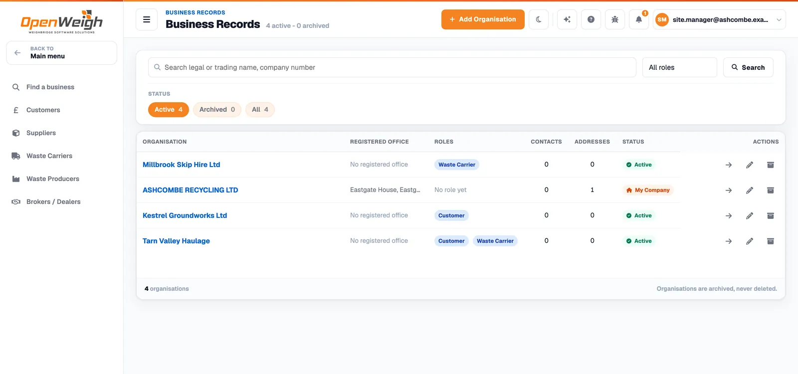 Business Records: organisations with registered office, roles such as waste carrier and customer, and status.