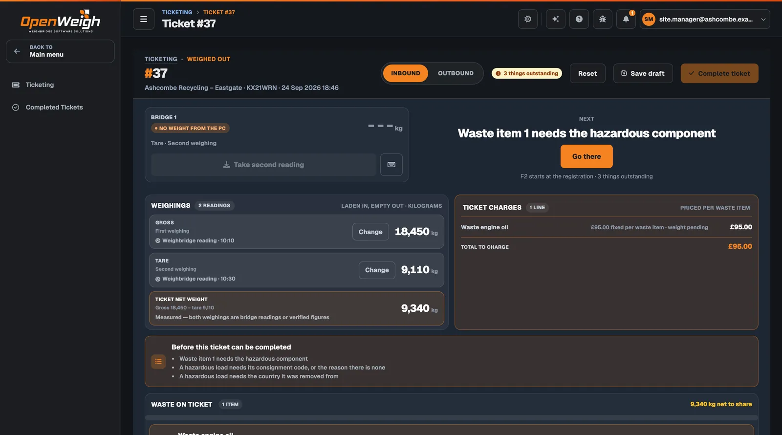 The OpenWeigh Waste ticket screen for ticket 37, weighed out: gross 18,450 kg, tare 9,110 kg, net 9,340 kg, one hazardous waste item and a list of what must be done before the ticket can be completed.