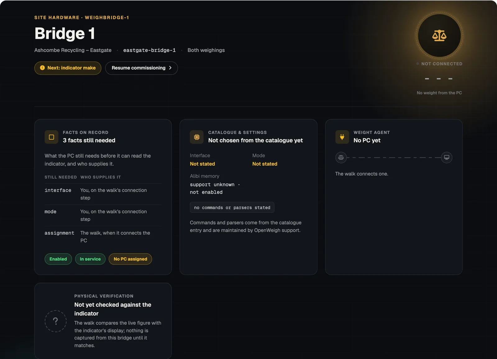 The Bridge 1 hardware page: site hardware header with the next commissioning step, facts on record still needed, catalogue and settings, the Weight Agent connection and physical verification not yet checked against the indicator.